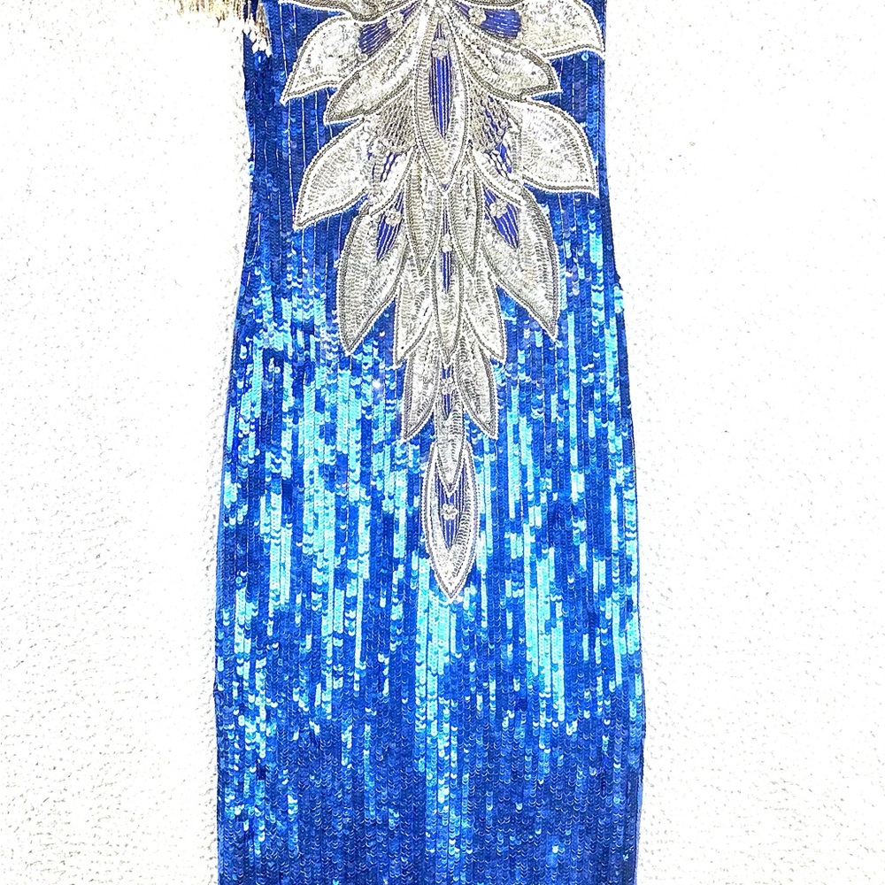 Sequins Original Gatsby Flapper Sequin Blue White Long Dress Beaded Sz Check Dim